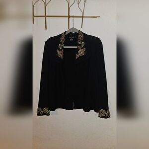 Ellen Tracy Blazer Fitted Jacket Black Embroidered Collar/Cuffs 10 Open Front